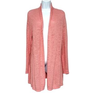 LL Bean 100% Cotton Cardigan Sweater Womens L Pink Pointelle Knit Open Front
